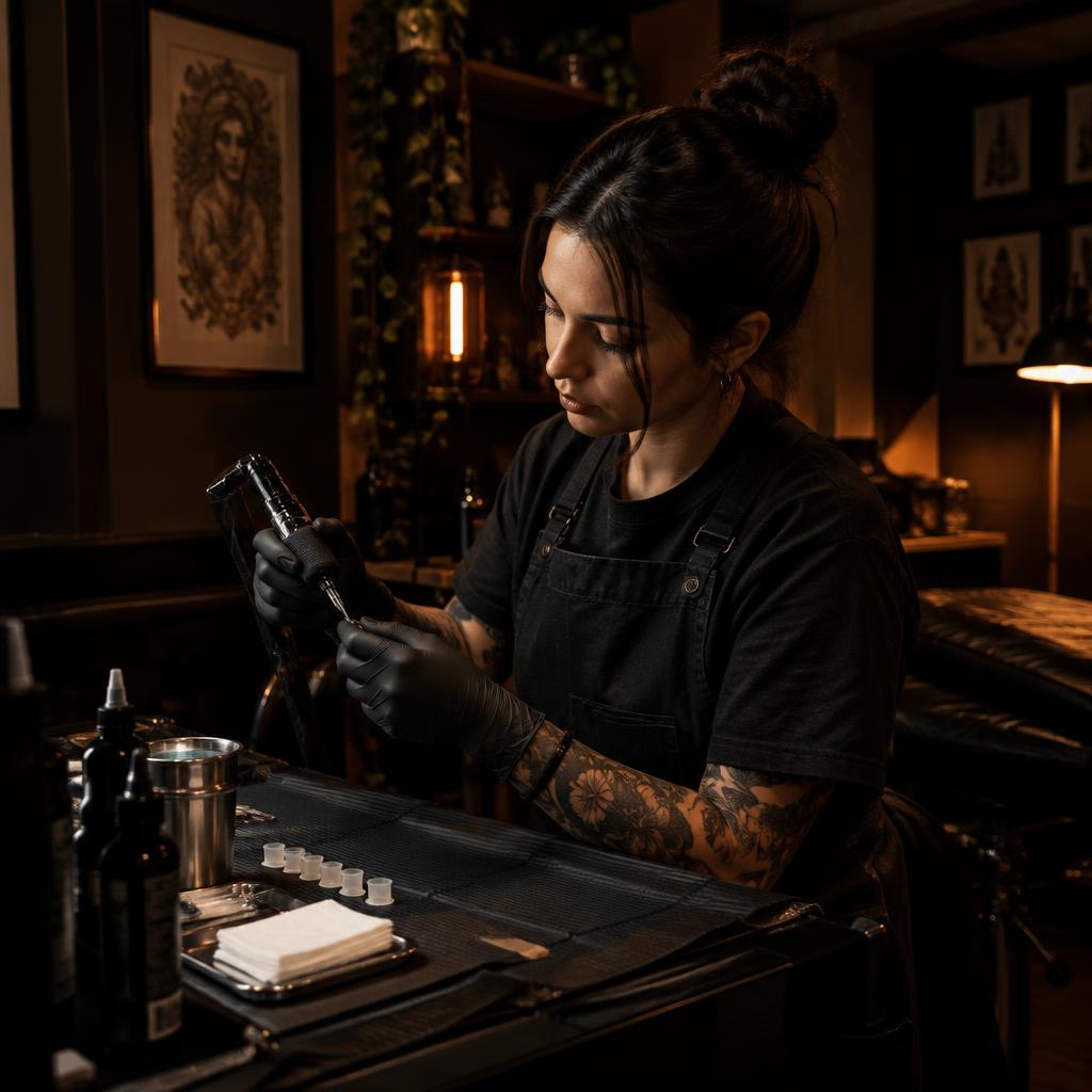 Profesional del estudio preparando el material de tatuaje