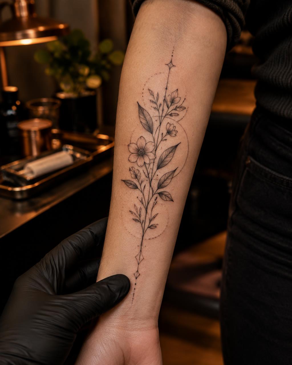 Tatuaje de línea fina floral